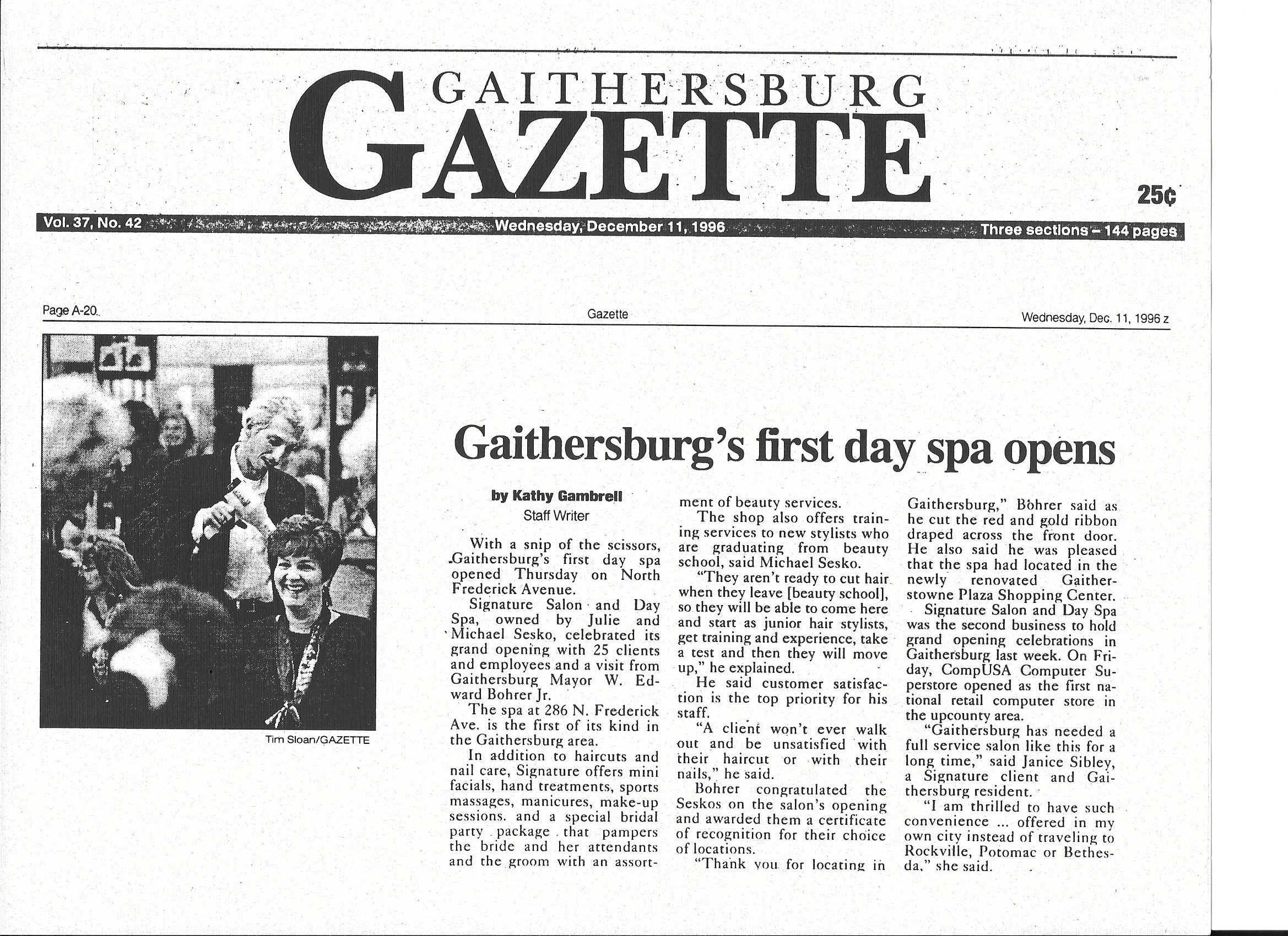 Newspaper about the openning of Gaithersburg's first day spa.