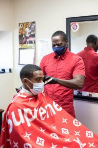 Working in Salon with wearing red dress