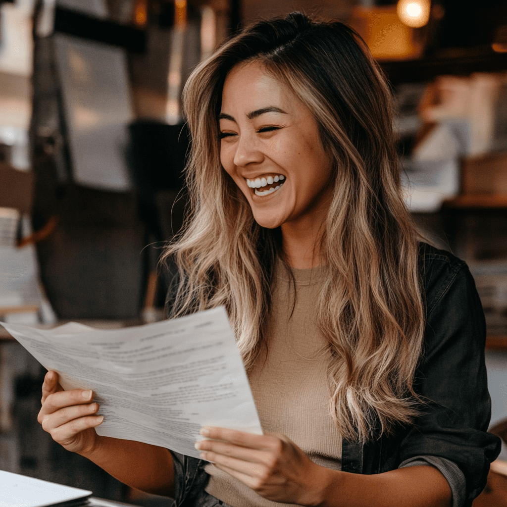 a girl smiling with a piece of paper