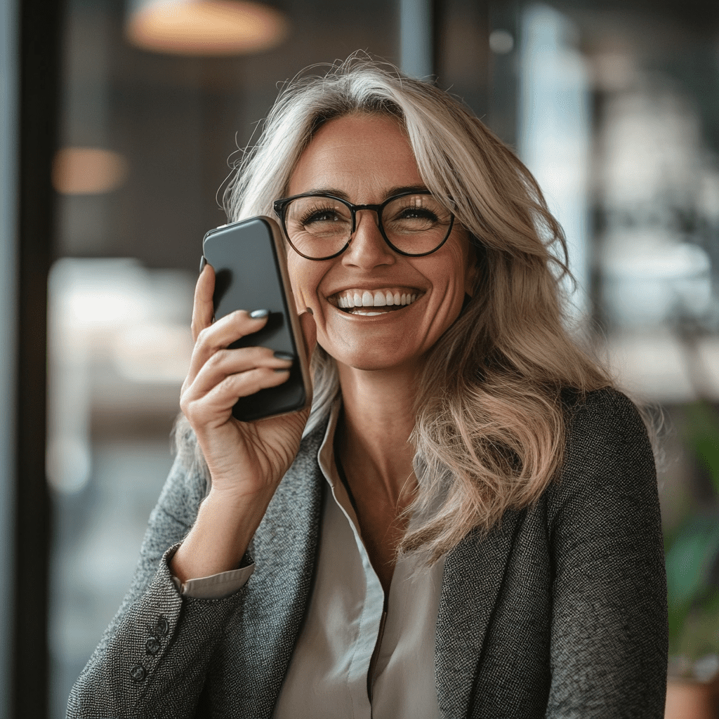middle age woman, smiling with a cell phone