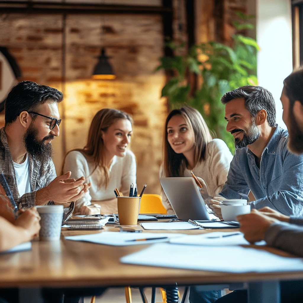 5 people talking around a table