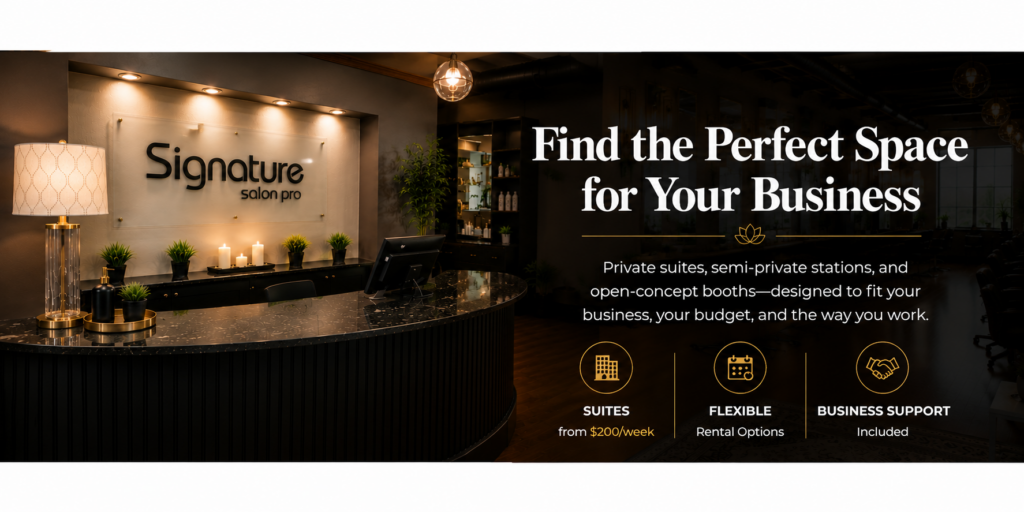 brown, black and cream front desk with logo a soft lighting
